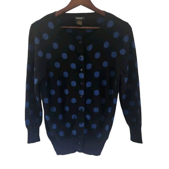 Philosophy Dane Lewis Cashmere Black Blue Polkadot Button Front Sweater Size M - Picture 1 of 7